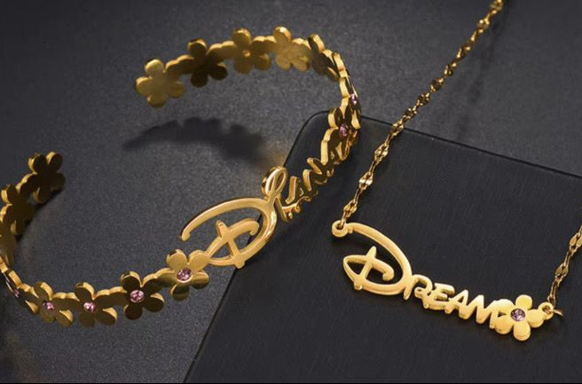 Dream" Gold-Tone Bracelet & Necklace Set – Floral Titanium Steel Collection for Kids & Adults