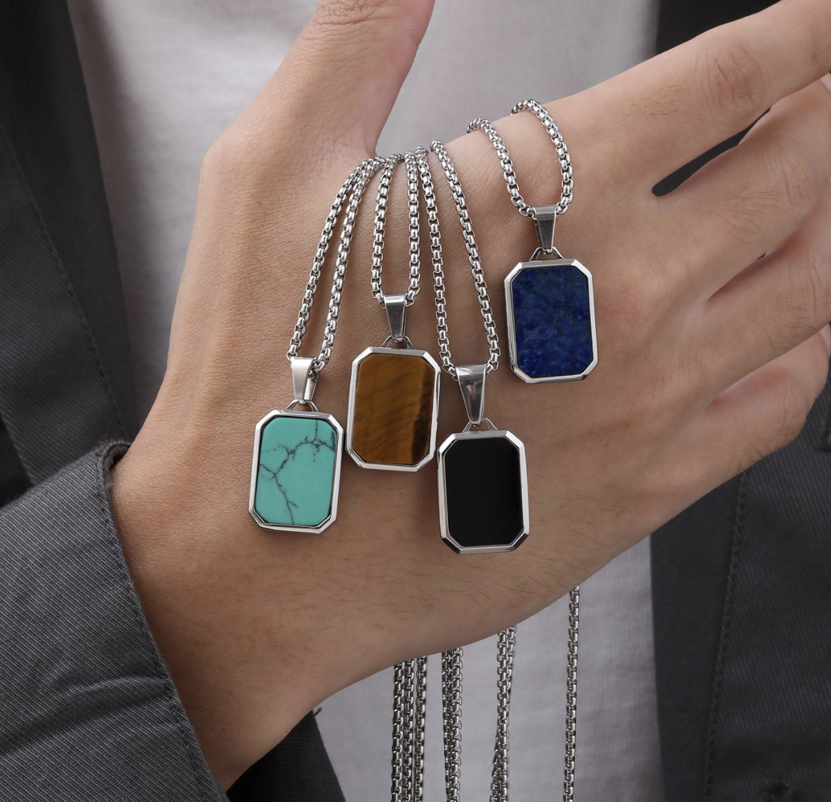 Men's Stainless Steel Necklace with Natural Stone Pendant