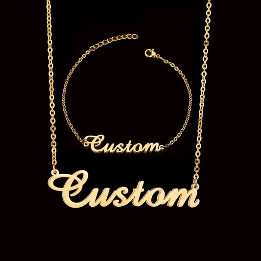 Personalized Name Bracelet & Necklace Set / Elegant Gold-Tone Custom Jewelry